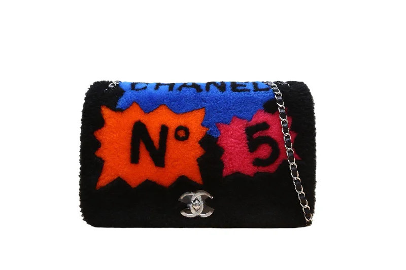 CHANEL 2014 SUPERMARKET COMIC BLACK MULTICOLOR SHEARLING FLAP BAG