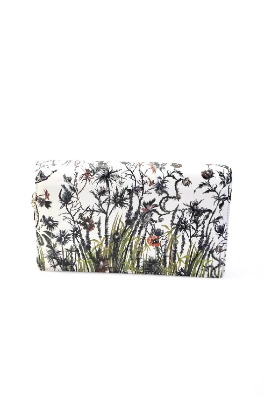 Christian Dior Womens Floral Leather Flap Clutch Handbag White Green Purple