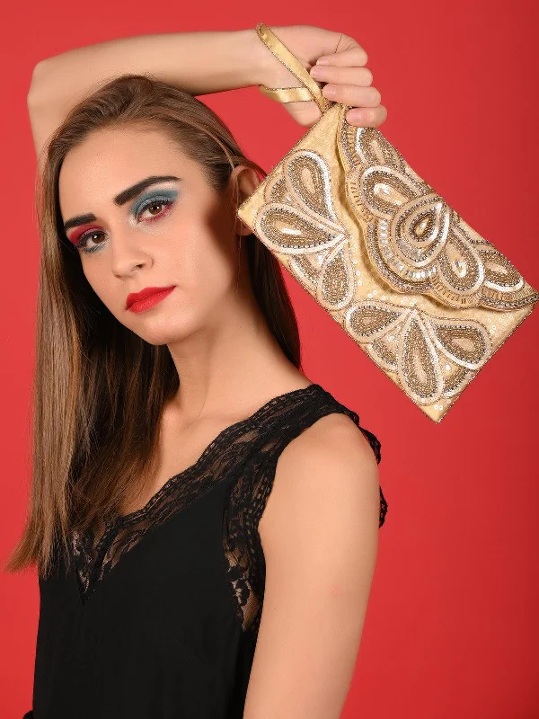 Odette Women Beige Beaded Paisley Design Envelope Clutch