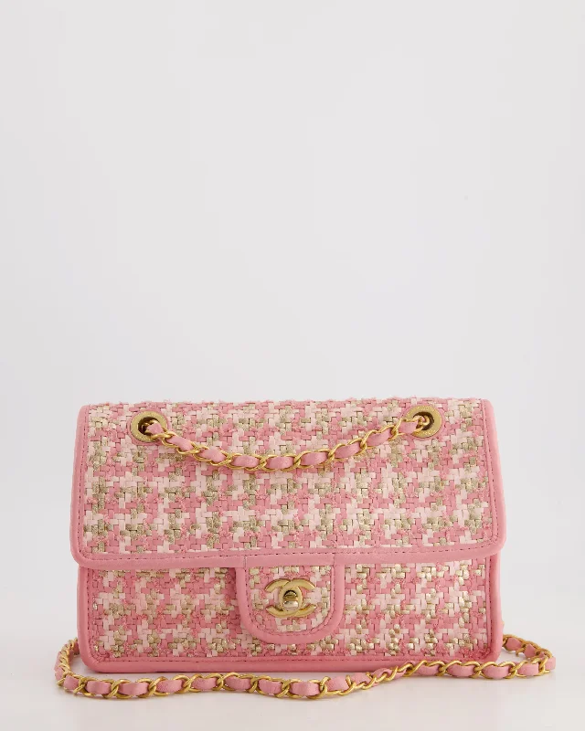 Chanel 23C Pink Woven Flap Bag with Leather Edge Detail and Brushed Gold Hardware