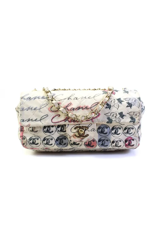 Chanel Womens Quilted Rue Cambon Graffiti Printed Small Flap Bag Handbag White