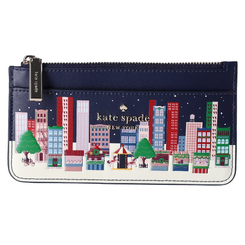 Kate Spade Winter Wonders Large Slim Card Holder Wallet Leather Holidays Navy