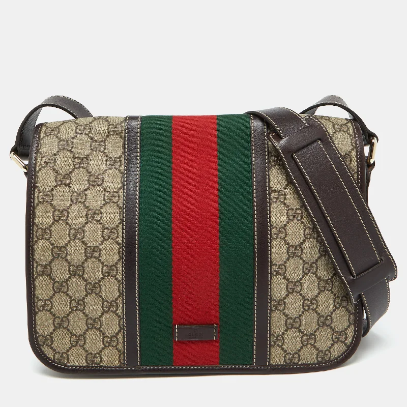 Gucci Beige/brown Gg Supreme Canvas And Leather Web Flap Messenger Bag