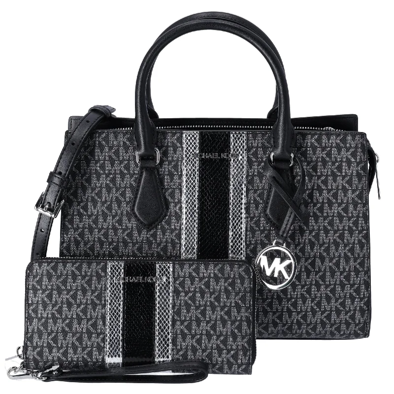 Michael Kors Sheila Medium Satchel Signature MK Metallic Black + Wallet