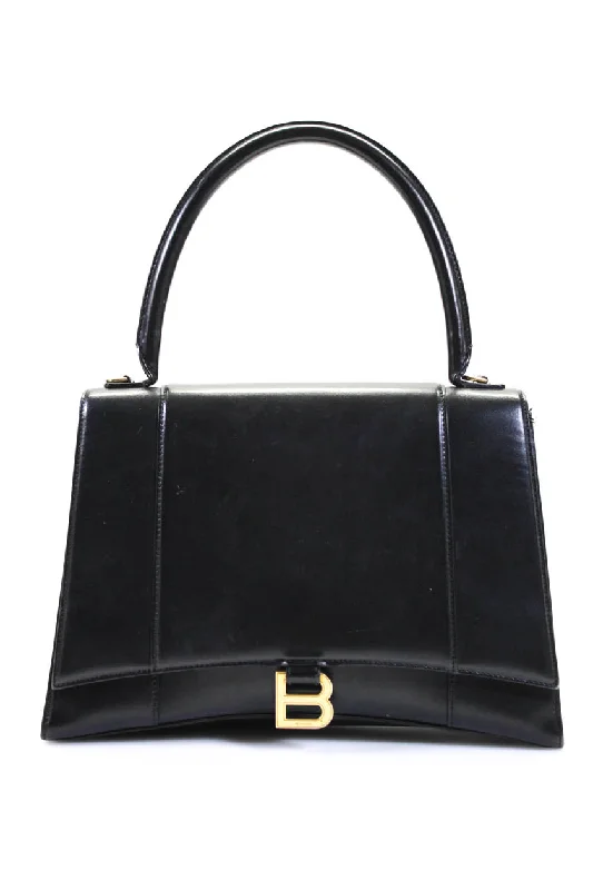 Balenciaga Womens B Logo Hourglass Flap Medium Top Handle Handbag Black Leather