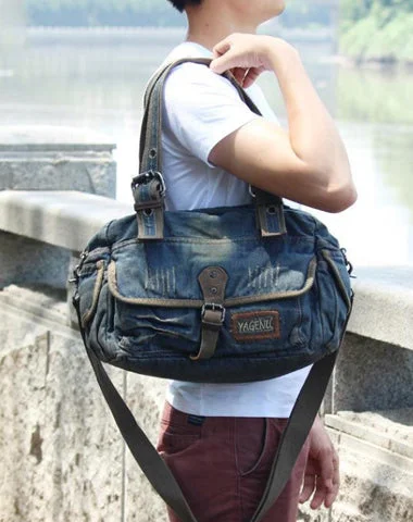 Denim Blue Mens Womens Large Barrel Backpack Laptop Backpack Bucket Jean Travel Backpacks For Men