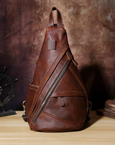 Genuine Brown Leather Mens Cool Chest Bag Sling Bag Sling Backpack for men