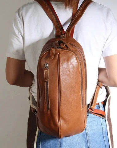 Genuine Brown Leather Mens Cool SLing Pack Chest Bag Sling Bag Crossbody Bag Travel Backpack for men