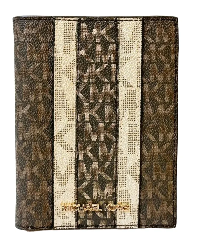 Michael Kors JetSet Travel PassportCase Wallet MKSignature BrownGold