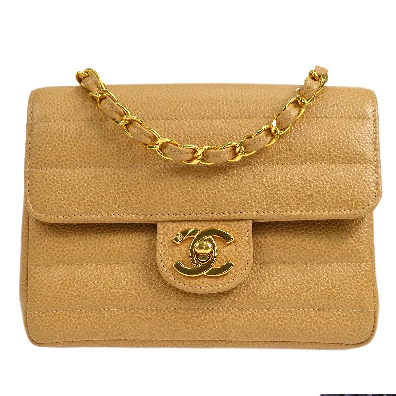 Chanel 1994-1996 Horizontal Stitch Classic Square Flap Mini 17 Beige Caviar