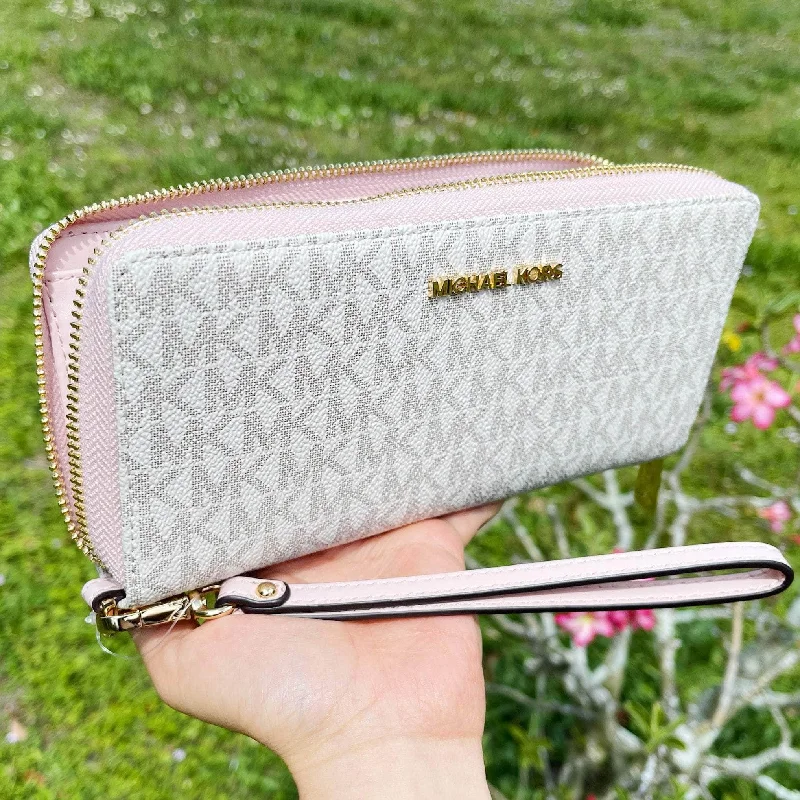 Michael Kors JetSet Large ContinentalWallet Wristlet MK Vanila PinkBlush