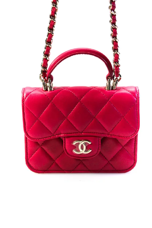 Chanel 2021 Quilted Leather Flap Coin Purse Chain Crossbody Handbag Fuschia