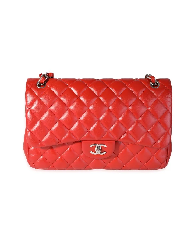 Chanel Red Quilted Lambskin Classic Jumbo Double Flap Bag