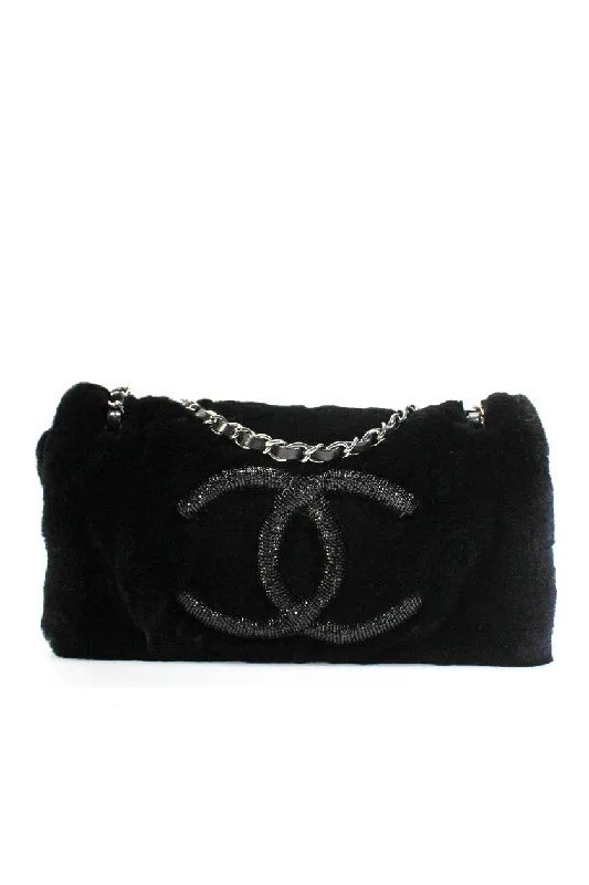 Chanel Womens Limited Edition Beaded CC Rabbit Fur Flap Bag Handbag Black