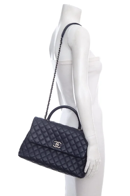 2016 Chanel Coco Top-Handle Navy Quilted Caviar Leather Handbag