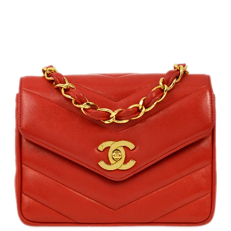 Chanel 1994-1996 Red Lambskin Chevron Chain Shoulder Bag