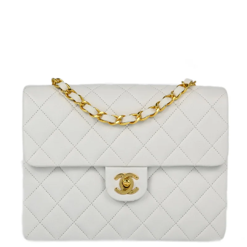 Chanel White Lambskin Classic Square Flap Shoulder Bag 20