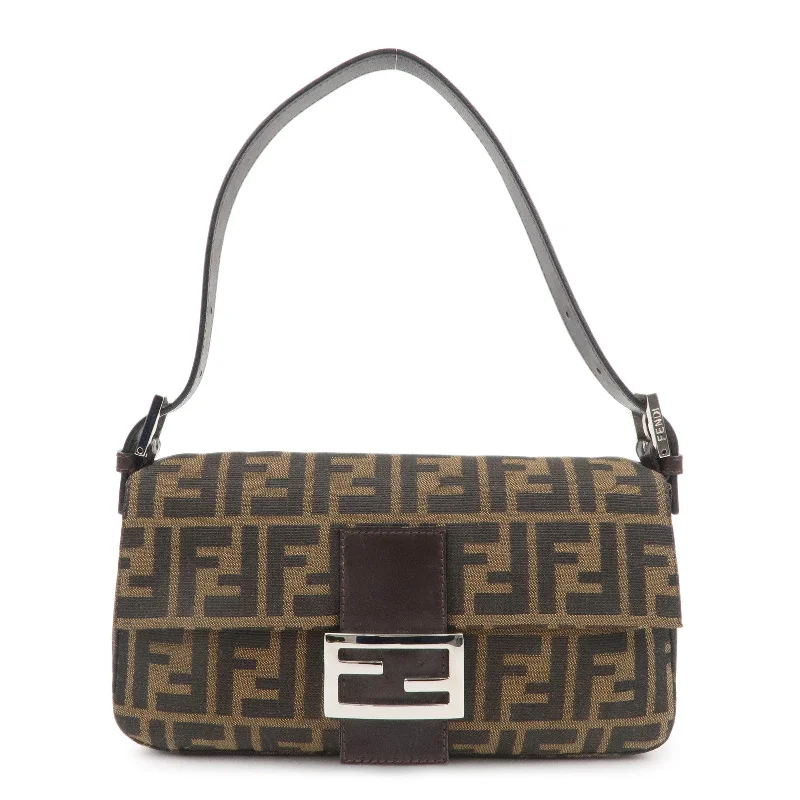 FENDI Mamma Baguette Canvas Leather Shoulder Bag Brown Black 26424