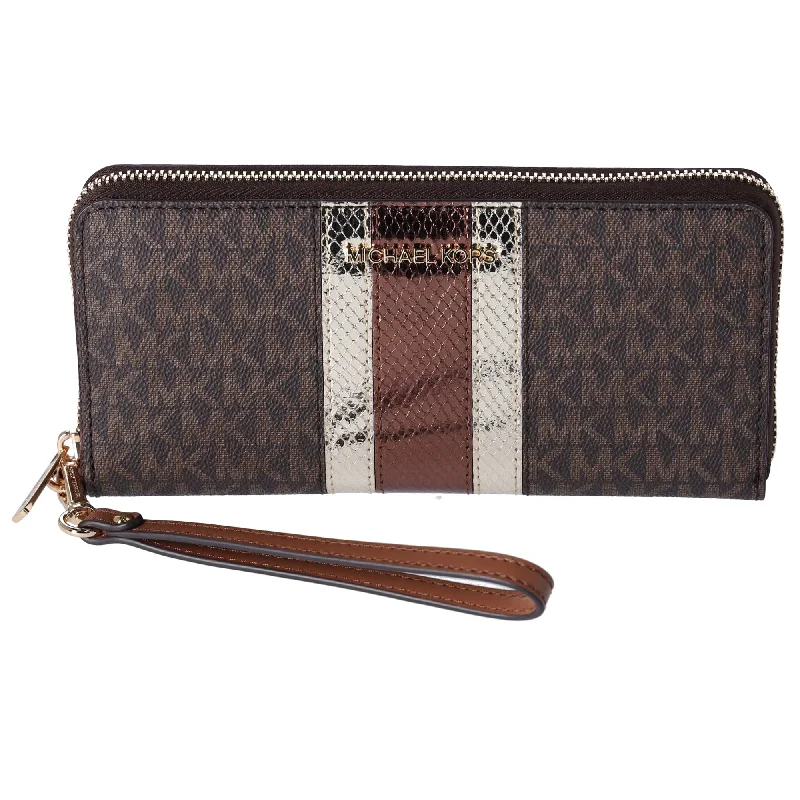 Michael Kors Jet Set Large Continental Wristlet Wallet Center Stripe MK Brown