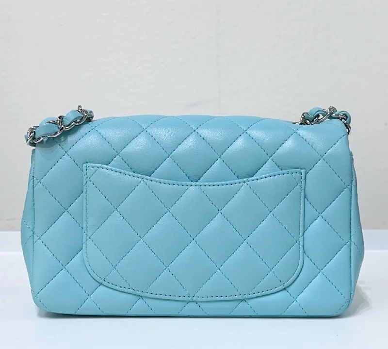 CHANEL 19C Tiffany Lambskin Quilted Mini Rectangular Flap Neon Blue