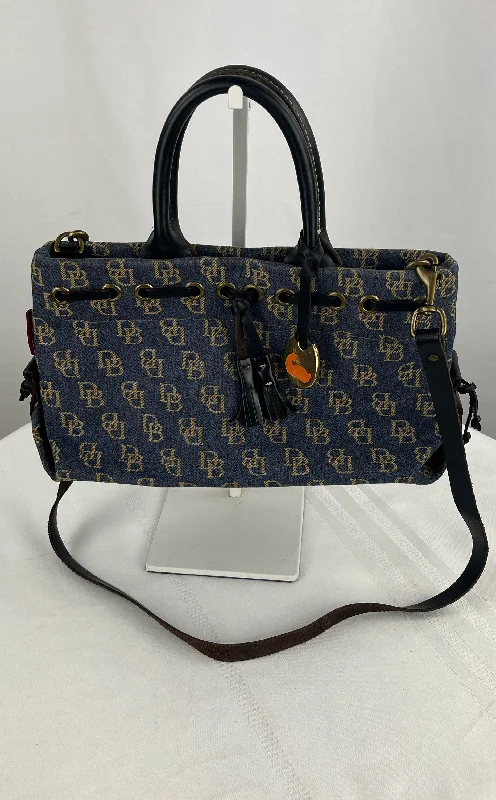 Vtg Dooney Bourke Denim Blue Signature Logo Bag Leather Tassels Crossbody Strap