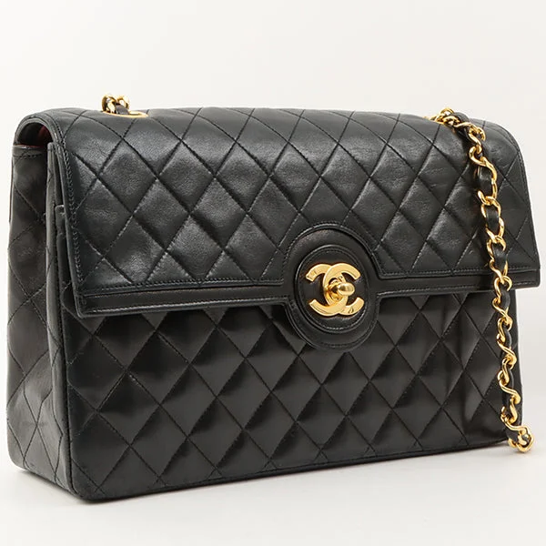 Chanel Around 1990 Made Design Flap Turn-Lock Chain Bag Black