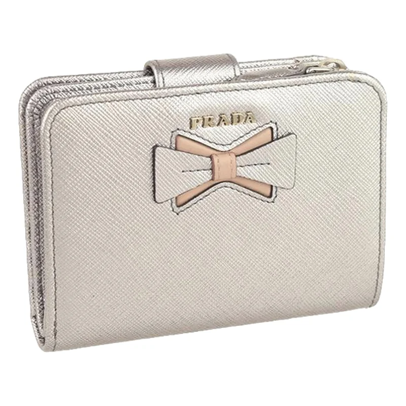 Prada Ribbon Saffiano Metallic Silver and Beige Leather Bifold Wallet