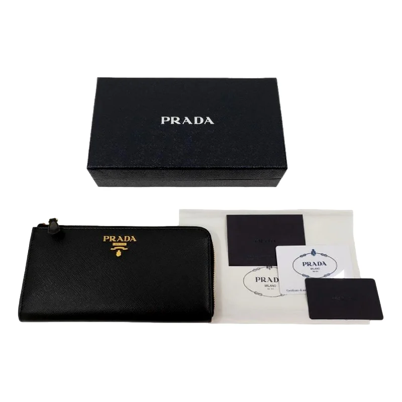 Prada Saffiano Long Continental Zip Wallet Black Leather Gold Logo