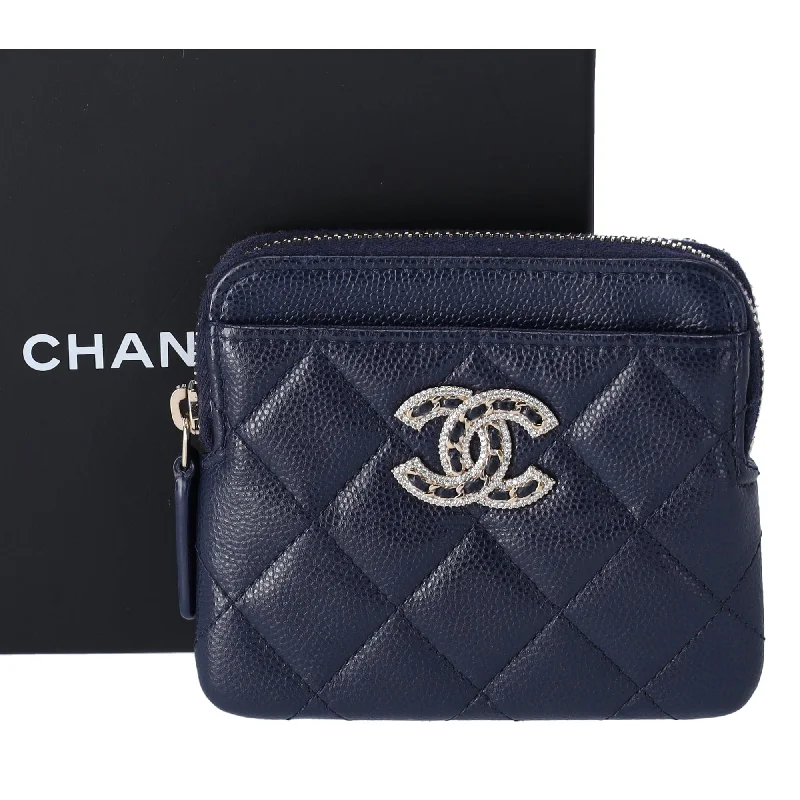 Chanel Caviar Quilted Crystal Zip Card Holder Wallet Navy