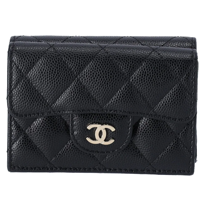 CHANEL Classic Quilted CC Trifold Wallet Black Caviar Leather AP0230