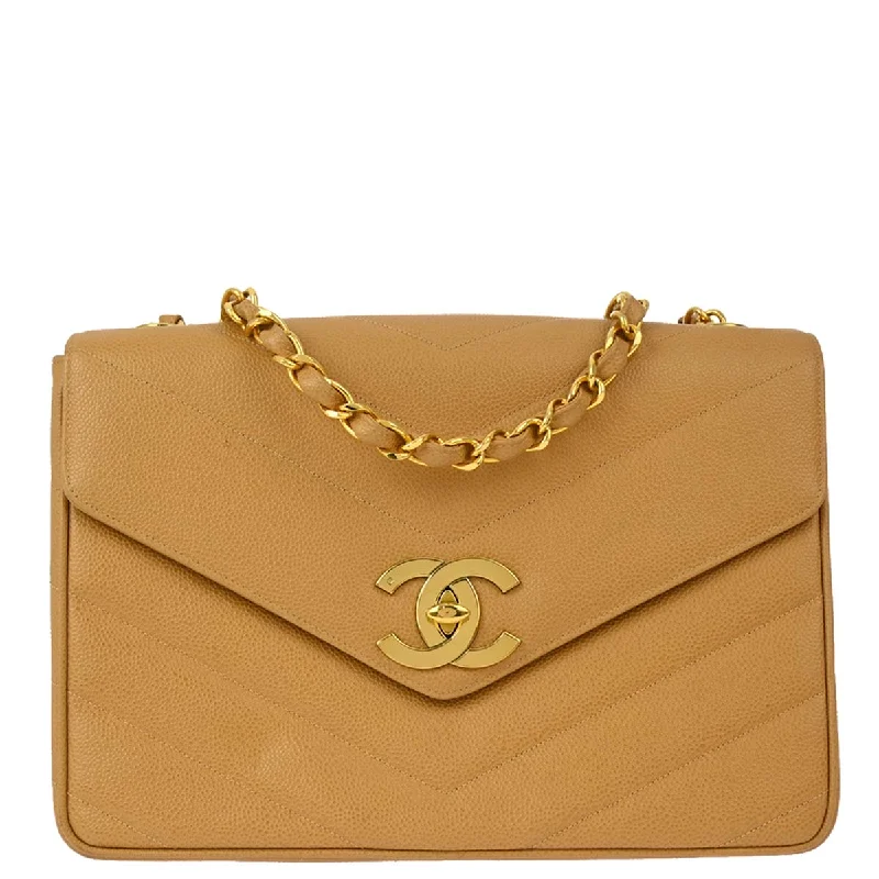 Chanel Beige Caviar Chevron Chain Shoulder Bag