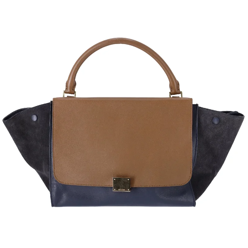 Celine Trapeze Medium Handbag Light Brown Dark Navy Leather Suede