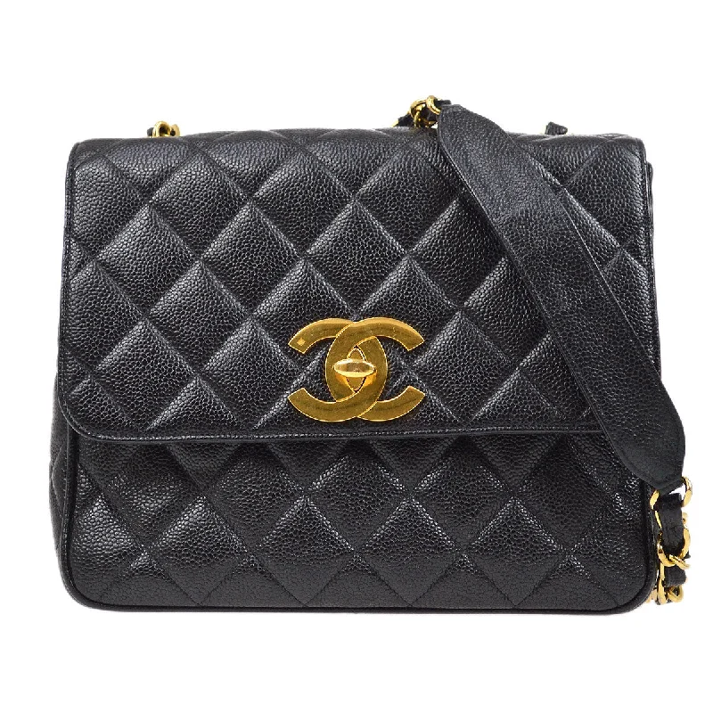 CHANEL 1994-1996 Big CC Straight Flap Bag Medium Black Caviar