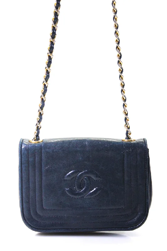 Chanel Womens Mini CC Logo Flap Chain Crossbody Vintage Handbag Navy Blue Leather