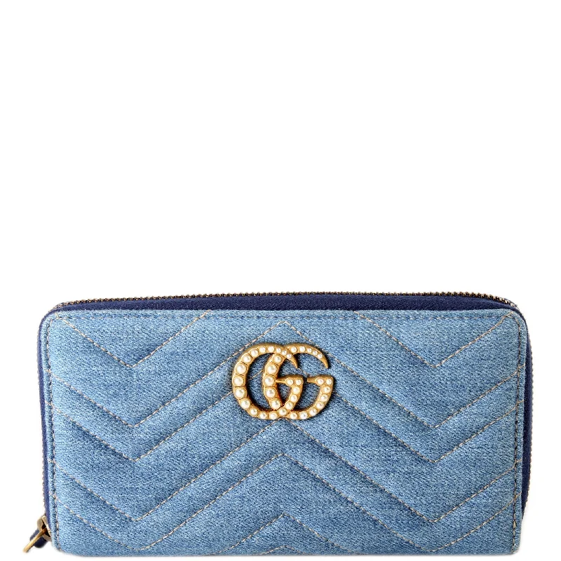 GG Marmont Pearly Denim Zip Around Wallet Blue