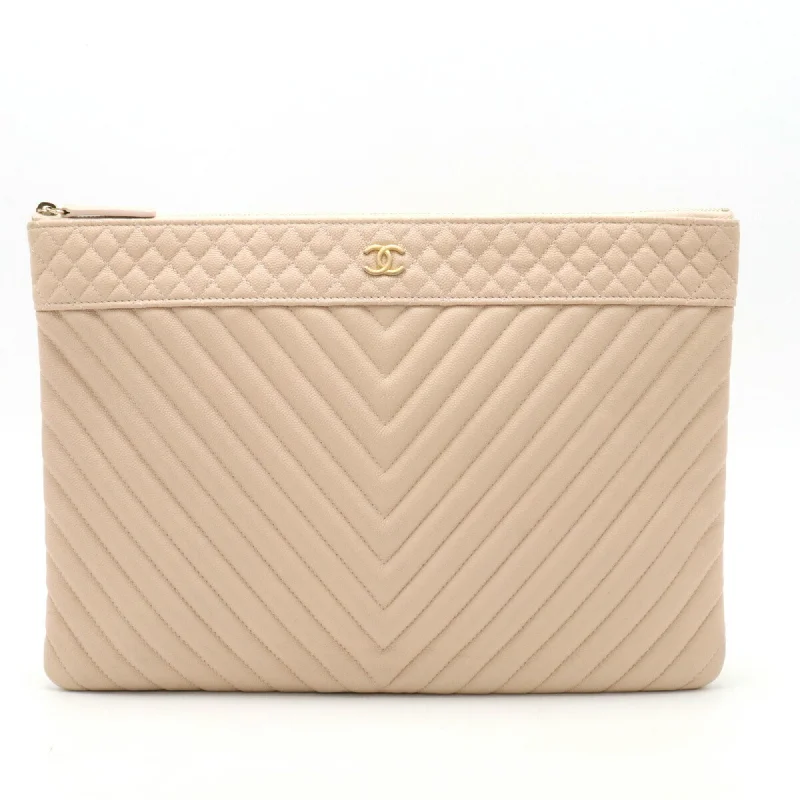 CHANEL Chevron V-stitch Coco Mark Clutch Bag Second Caviar Skin Leather Baby Pink A69251