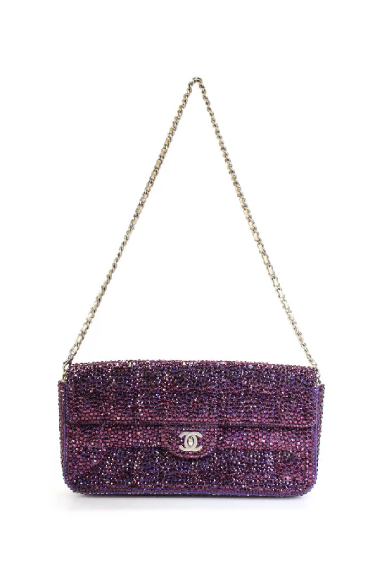 Chanel Womens Leather Quilted Crystal Flap Chain Strap Purple Medium Handbag