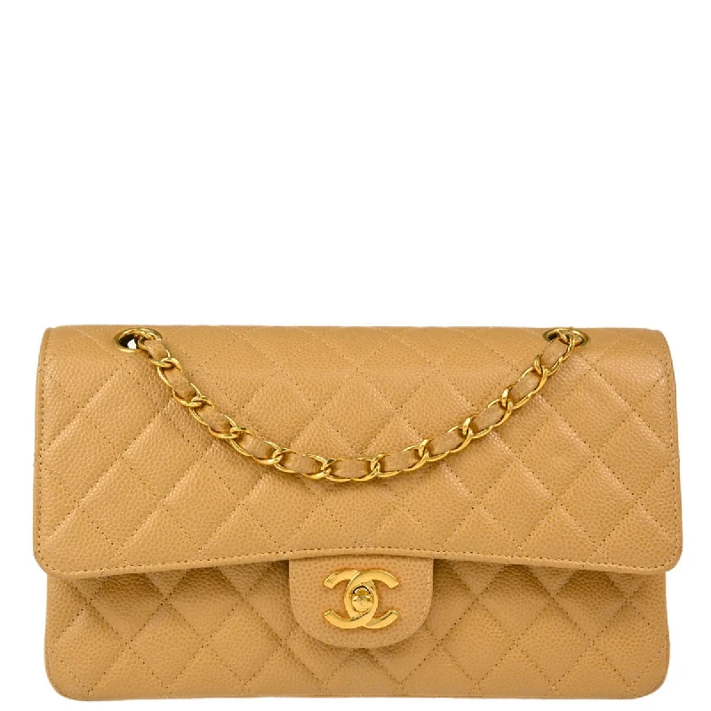 Chanel 2000-2001 Beige Caviar Medium Classic Double Flap Shoulder Bag