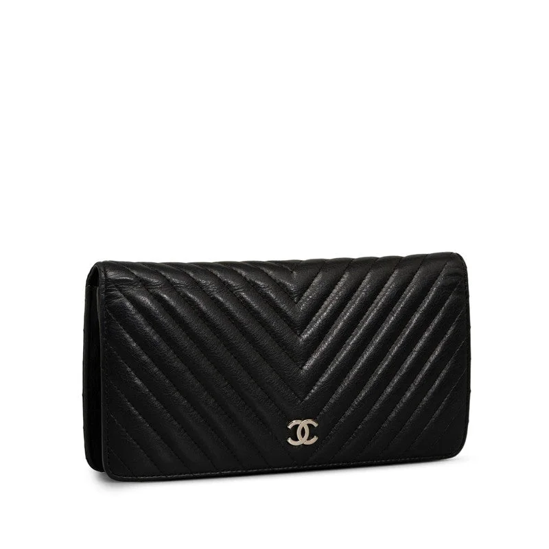 CHANEL Chevron Long Wallet Lambskin Black Silver