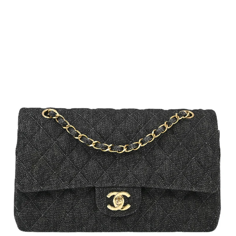 Chanel 1997-1999 Black Denim Medium Classic Double Flap Shoulder Bag