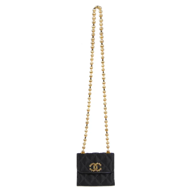 CHANEL * Jumbo Rhinestone Pearl Mini Shoulder Bag Black Satin