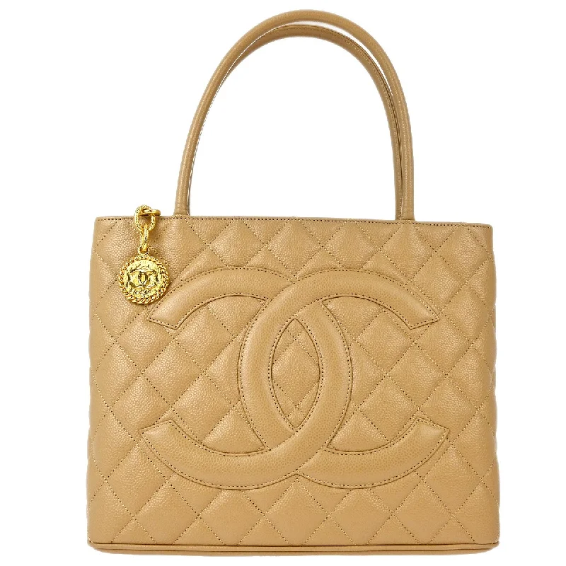 Chanel 2002-2003 Beige Caviar Medallion Tote Handbag