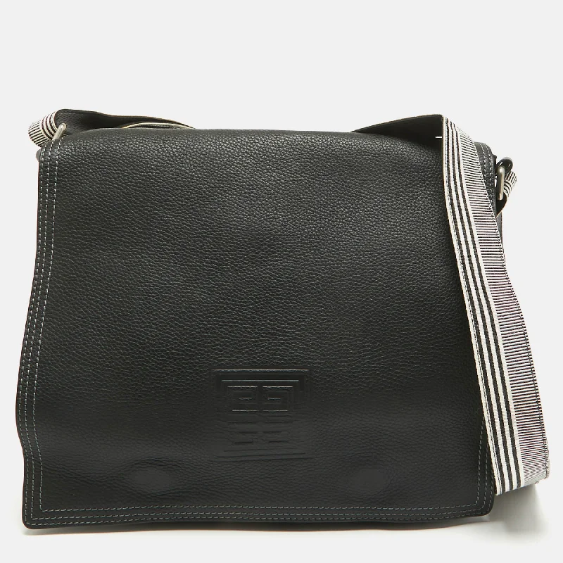 Givenchy Black Leather Logo Embossed Flap Messenger Bag