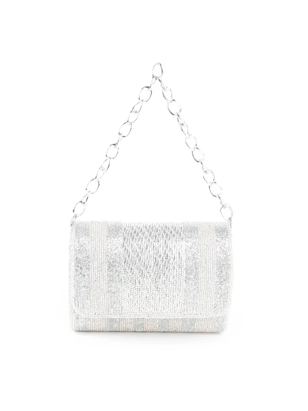 Odette Women Silver Beaded Envelope Clutch