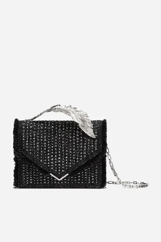 Black Embellished Denim and Alligator Alina Clutch