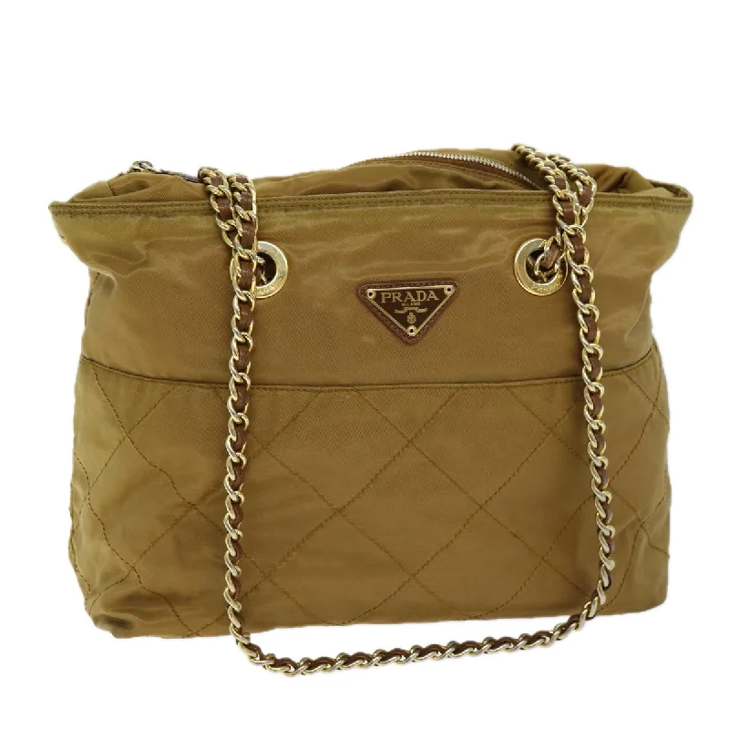 PRADA Quilted Chain Shoulder Bag Nylon Beige Auth ki4426