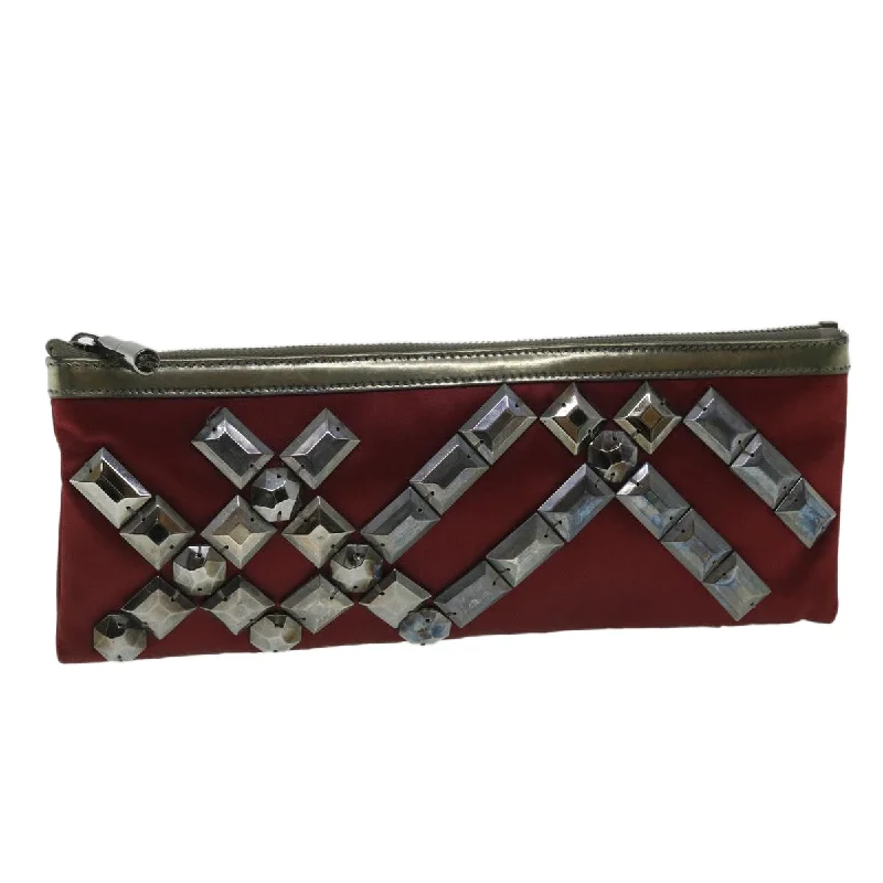 BURBERRY Clutch Bag Satin Red Auth bs8238