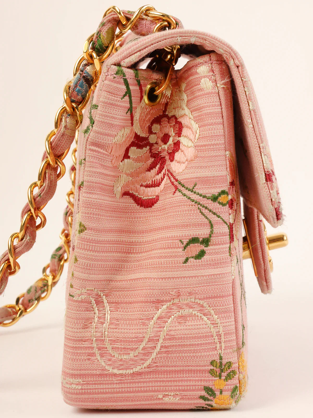 CHANEL Around 1992 Made Flower Stitch Classic Flap Chain Bag Mini Pink/Multi