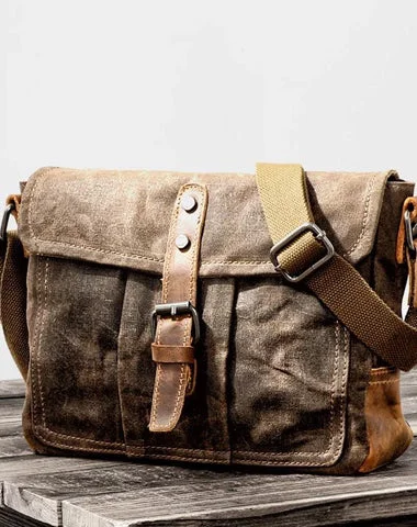 Cool Waxed Canvas Leather Mens Casual Green Gray Motorcycle Side Bag Messenger Bag Backpack For Men