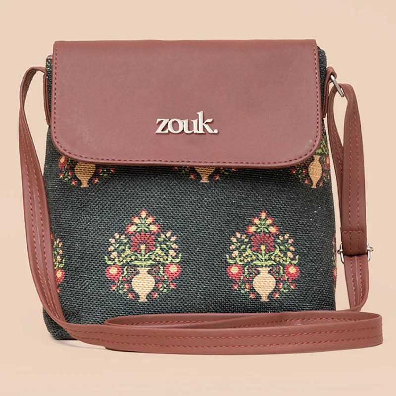 Royal Green Mogra Print Flap Sling Bag